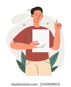 Man holding blank paper concept. Male entrepreneur with document in his hands comes up with new ideas for business and solves problems. Successful employee of company. Cartoon flat vector illustration