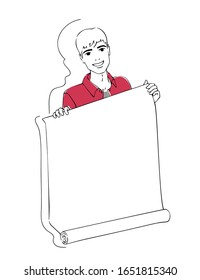 Un hombre sostiene un rollo de papel en blanco. Dibujo de color negro con dibujo animado. Aislado sobre un fondo blanco.