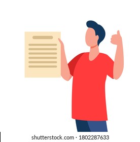 Man holding blank paper and showing thumb up. Like gesture, poster, recommending flat vector illustration. Advertising, announcement concept for banner, website design or landing web page