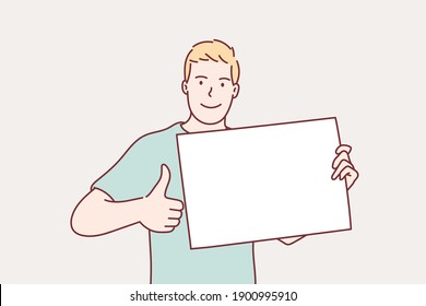 Man holding blank paper and showing thumbs up. Hand drawn style vector design illustrations.