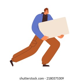 Man holding blank placard, sheet of paper. Happy person carrying empty board background for promo message. Young guy with ad banner mockup in hands. Flat graphic vector illustration isolated on white