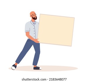 Man holding blank placard, sheet of paper. Happy person carrying empty board background for promo message. Young guy with ad banner mockup in hands. Flat graphic vector illustration isolated on