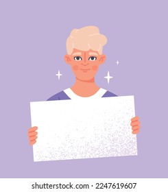 Man holding blank placard. Young guy with white sheet. Activist at rally defends rights, democracy and freedom of speech. Political action and protest concept. Cartoon flat vector illustration