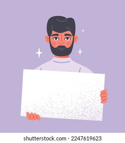 Man holding blank placard. Young guy with white sheet. Presentation and advertising, place for text. Model for poster or banner for website, seller. Online marketing. Cartoon flat vector illustration