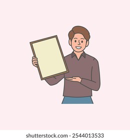 man holding blank poster, male character demonstrating with Advertising promotion blank. Blank board. vector illustration