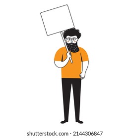 Man holding a blank poster. Social protest struggle for rights. Social issue.Doodle face human avatar a man with a beard. Isolated on white background. Hand drawn cartoon illustration.