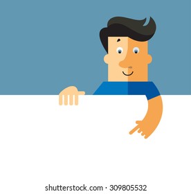 Man holding a blank presentation board. Flat style vector illustration