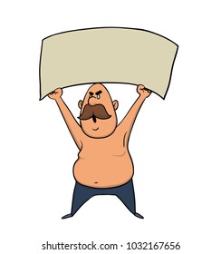 Man holding blank protest sign. Vector illustration, isolated on white background.