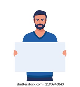 Man holding blank protesting placard. Person with empty banner. Banner, manifesting activists demonstrating sign. Street demonstration concept. Political revolution, demonstrate. Vector illustration