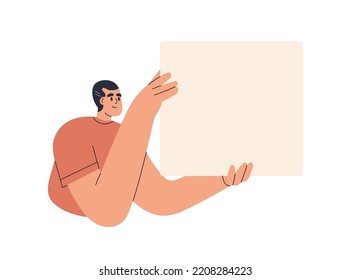 Man holding blank sheet of paper. Young person presenting, advertising smth abstract on empty background, banner mock up. Happy guy showing board, card. Flat vector illustration isolated on white