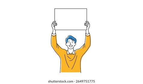 Man holding up a blank sign communicating a message with enthusiasm and excitement