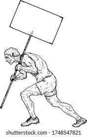 A man holding a blank sign pole over his shoulder. Hand drawn vector illustration.
