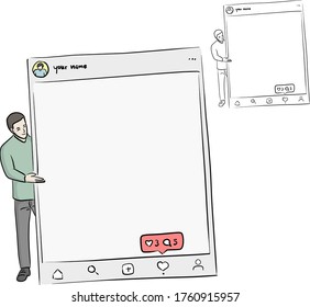 Man Holding Blank Sign With Social Media Interface Vector Illustration Sketch Doodle Hand Drawn With Black Lines Isolated On White Background