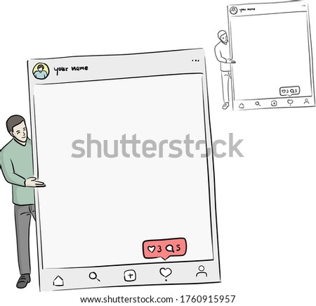 man holding blank sign with social media interface vector illustration sketch doodle hand drawn with black lines isolated on white background