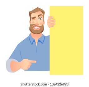 Man holding blank signboard. Winking businessman pointing to banner. Vector illustration set