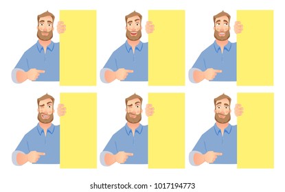 Man holding blank signboard. Young businessman presenting something. Vector illustration set.