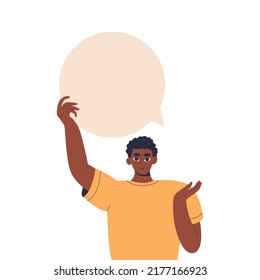 Man holding blank speech bubble above his head, inspiration, idea. Customer feedback, testimonial, online survey, communication, chat. Social network dialogue. User satisfaction. Flat illustration.