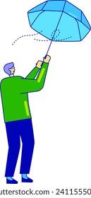 Man holding blue diamond-shaped kite in sky. Person enjoys flying a kite on a windy day, leisure activity. Joyful kite flying and outdoor recreation vector illustration.