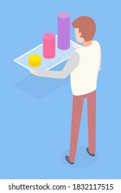 Man holding a board with diagram in hand consisting of vertical color cylinders back view vector illustration. Board with information infocharts infographics. Business statistics and digital indicator