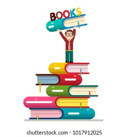 Man Holding Book Above Head on Books Pile