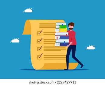 Man holding book with checklist documents. Future planning and learning
