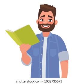 Man is holding a book in his hand. Vector illustration in cartoon style