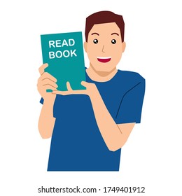Man holding a book in his hand. Vector flat illustration