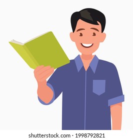 Man is holding a book in his hand. Vector illustration in cartoon style