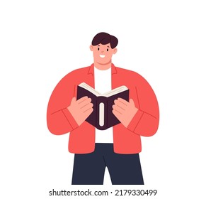 Man holding a book in his hand. Vector illustration