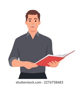 Man is holding a book in his hand. Teaching class or reading for exam. Flat vector illustration isolated on white background