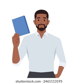 Man is holding a book in his hand. Showing how important a book is. Flat vector illustration isolated on white background