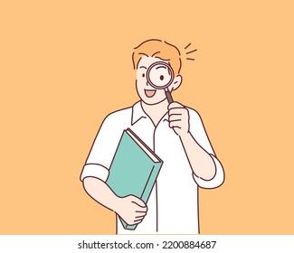 man holding a book and a magnifying glass. Hand drawn style vector design illustrations.