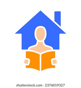 Man holding a book on house line icon background. Stay at home, self-isolation, free time, safety, building. Vector color icon on a white background for business and advertising.