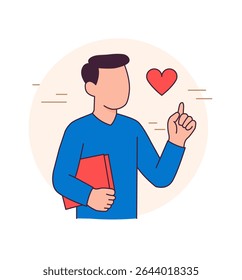 Homem segurando o livro e apontando para o coração. Ilustração plana mínima simbolizando paixão, motivação ou educação com amor.