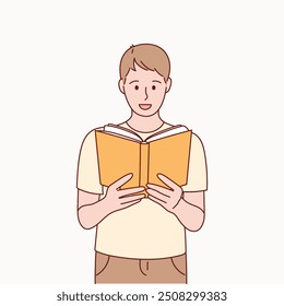 A man is holding a book. A student studies and prepares for exams. Hand drawn illustration.