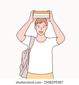 Un hombre sostiene un libro. Un estudiante estudia y se prepara para los exámenes. Dibujado a mano ilustración.