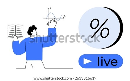Man holding book and writing a mathematical graph, with a percentage symbol above and a blue live button below. Ideal for education, e-learning, math classes, live tutorials, online teaching