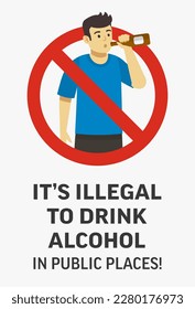 Man holding bottle and drinking alcohol. "It's illegal to drink alcohol in public places" poster design. Flat vector illustration template.
