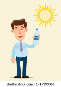 Man holding a bottle of drinking water in hand, sun is shining brightly. Recommendation to drink plenty of water to prevent dehydration in summer in heat. Vector illustration, flat cartoon, isolated.