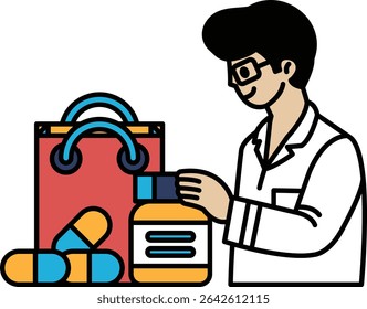 A man is holding a bottle of pills and a bag. He is smiling and he is happy