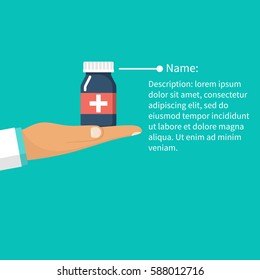 Man holding bottle of pills in hand.  Read instructions medicines. Vector illustration flat design. Guidelines for treatment and use. Important information template. Manual medical.