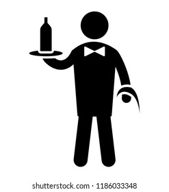 Man holding a bottle with tray characterizing a bartender 