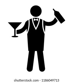 Man holding a bottle with tray characterizing a bartender 