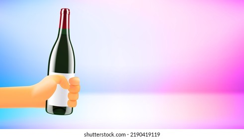 Man holding bottle of vine. 3d vector banner with copy space