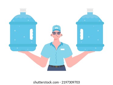 A man is holding a bottle of water. Delivery concept. The stylish character is depicted to the waist. Isolated on white background. Vector illustration.