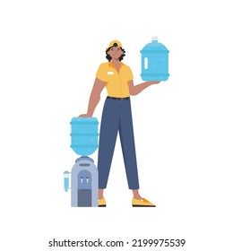 A man is holding a bottle of water. Delivery concept. The character is depicted in full growth. Isolated. Vector illustration.