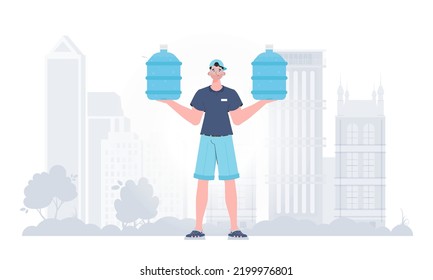 A man is holding a bottle of water. Delivery concept. The character is depicted in full growth. Vector illustration.