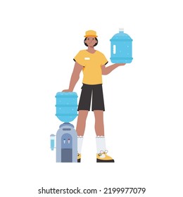 A man is holding a bottle of water. Delivery concept. The trendy character is depicted in full growth. Isolated on white background. Vector.