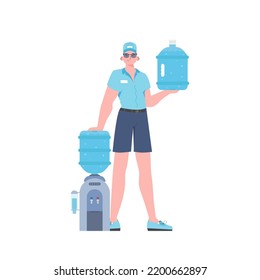A man is holding a bottle of water. Delivery concept. The character is depicted in full growth. Isolated. Vector.