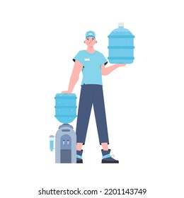 A man is holding a bottle of water. Delivery concept. The trendy character is depicted in full growth. Isolated. Vector.